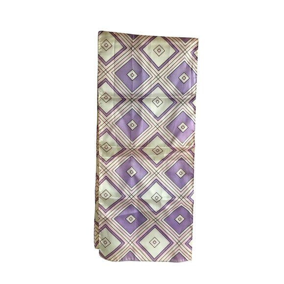Vintage Geometric Diamond Print Silk Scarf In Purple & Cream - Picture 1 of 3